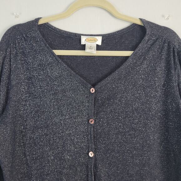 Vintage Talbots V-neck 3/4 Sleeve Shimmer Cardigan size M navy silver 90s office - Picture 2 of 7
